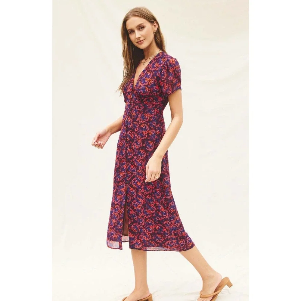 Dress Forum Short Sleeve Floral Button Front Midi Dress in Purple Red Size S NWT - Picture 11 of 13